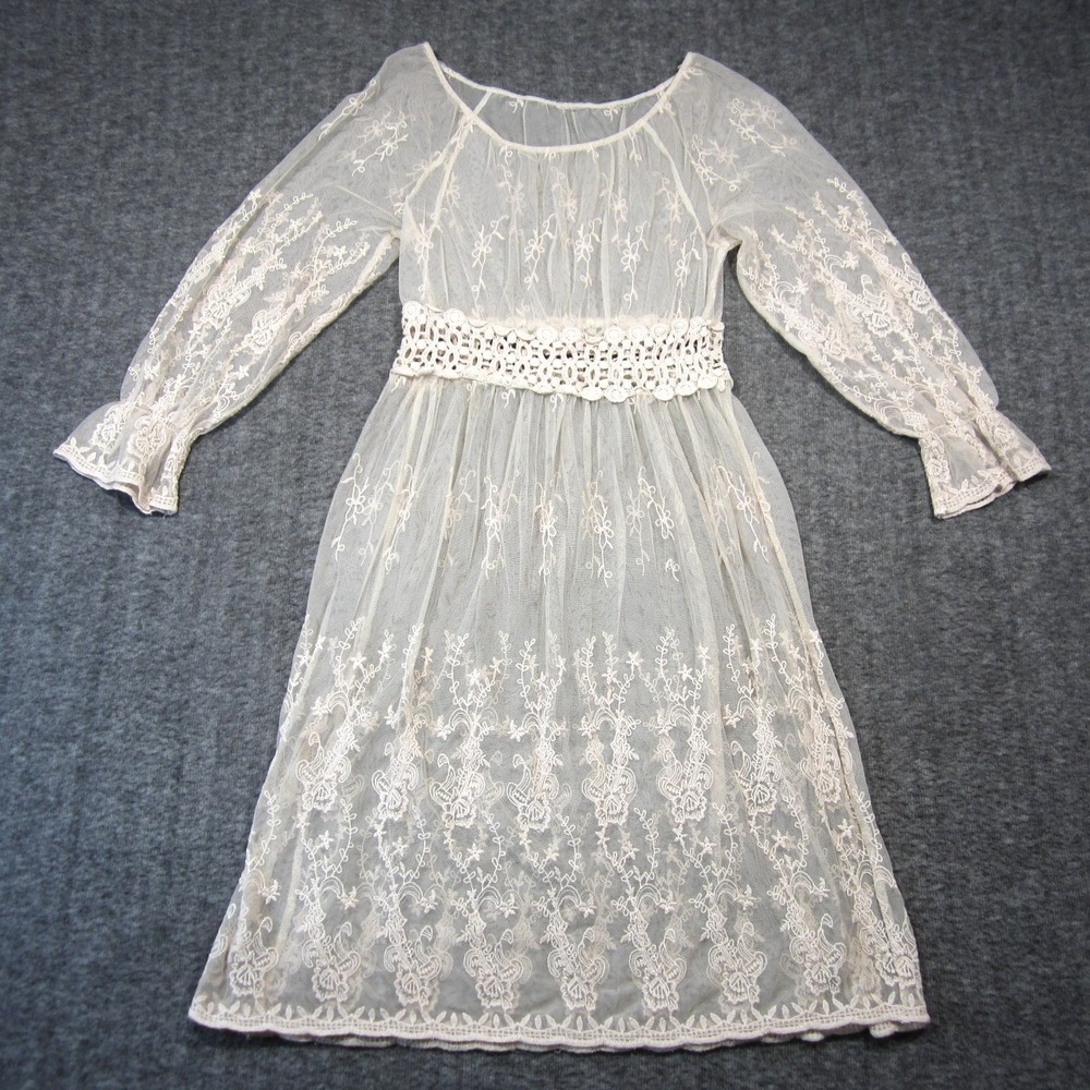 Sheer Lace Dress XS‎ Ivory Floral Long Sleeve Boho Cottagecore Festival Romantic
